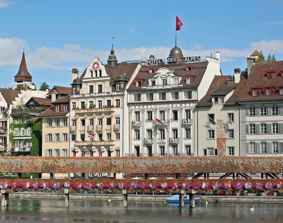 Hotel Des Alpes exterior along Lucerne’s Chapel Bridge