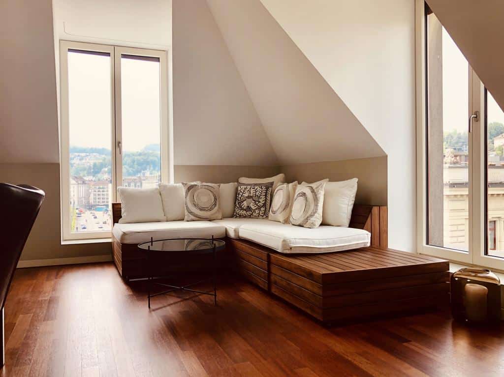 Corner lounge space with city views in Lucerne
