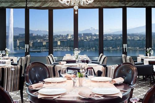 Upscale restaurant with panoramic lake and mountain views