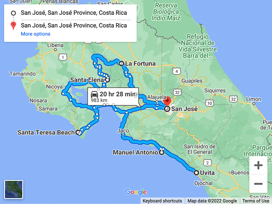 costa rica itinerary map