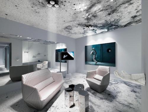 Space theme lounge with marble accents