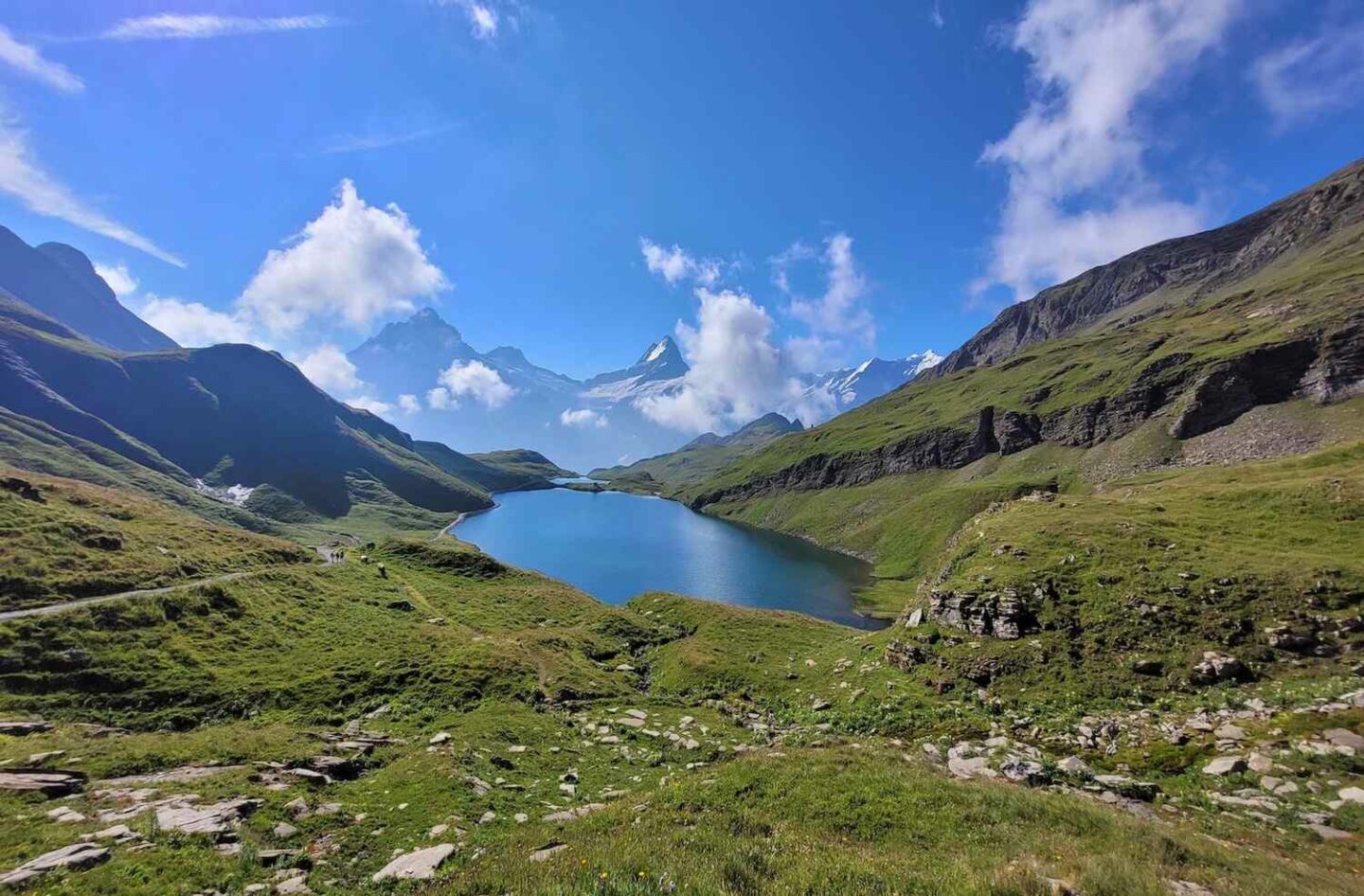 Lake Bachalpsee surrounded by Swiss alpine scenery