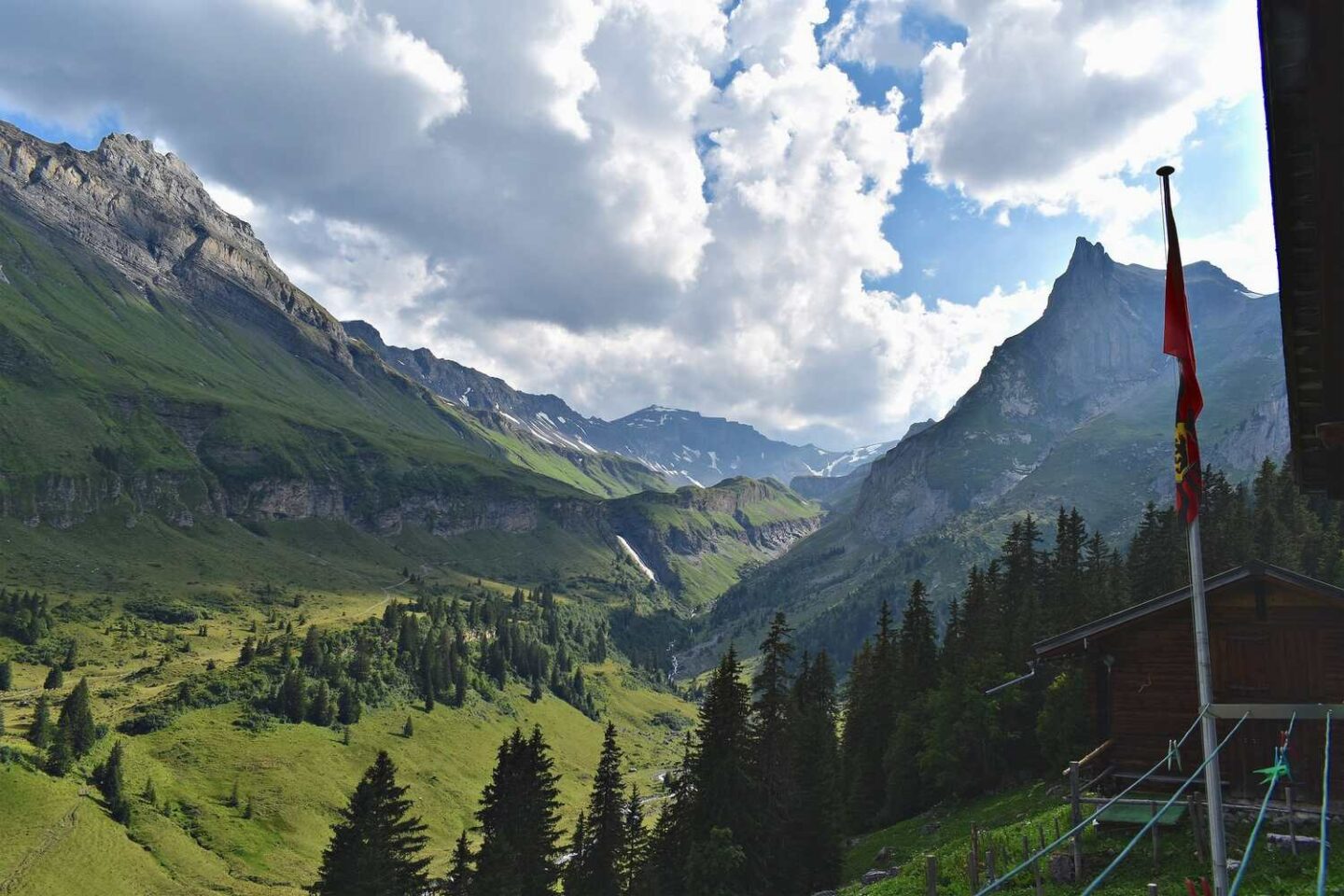 Green valley and mountains near Obersteinberg in Switzerland