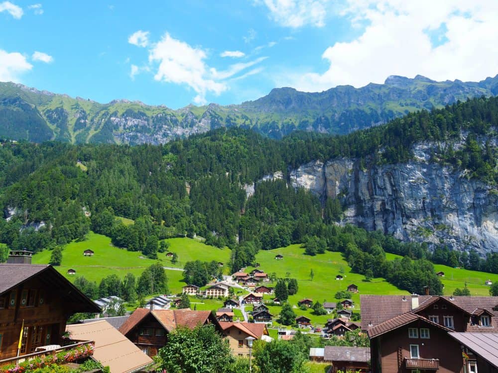 Green scenery of Lauterbrunnen valley in the summer on a sunny day