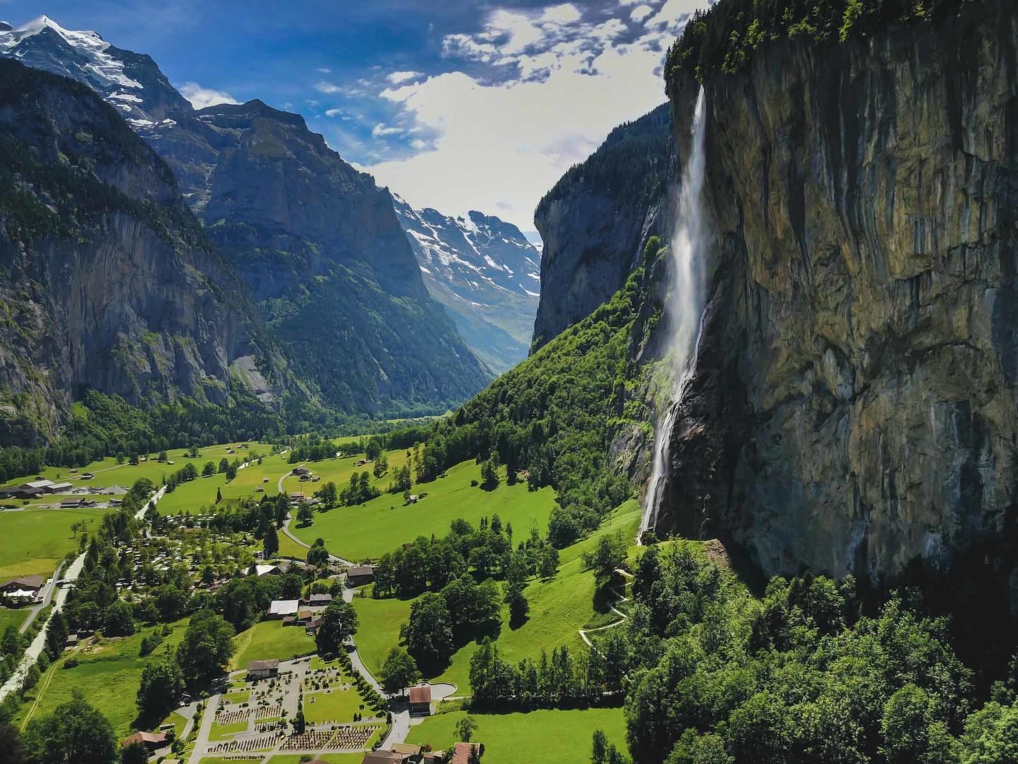 Staubbach Falls and Lauterbrunnen valley in summer