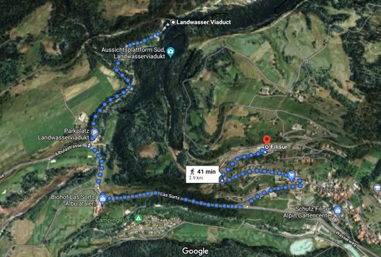 Map showing the directions to Landwasser Viaduct