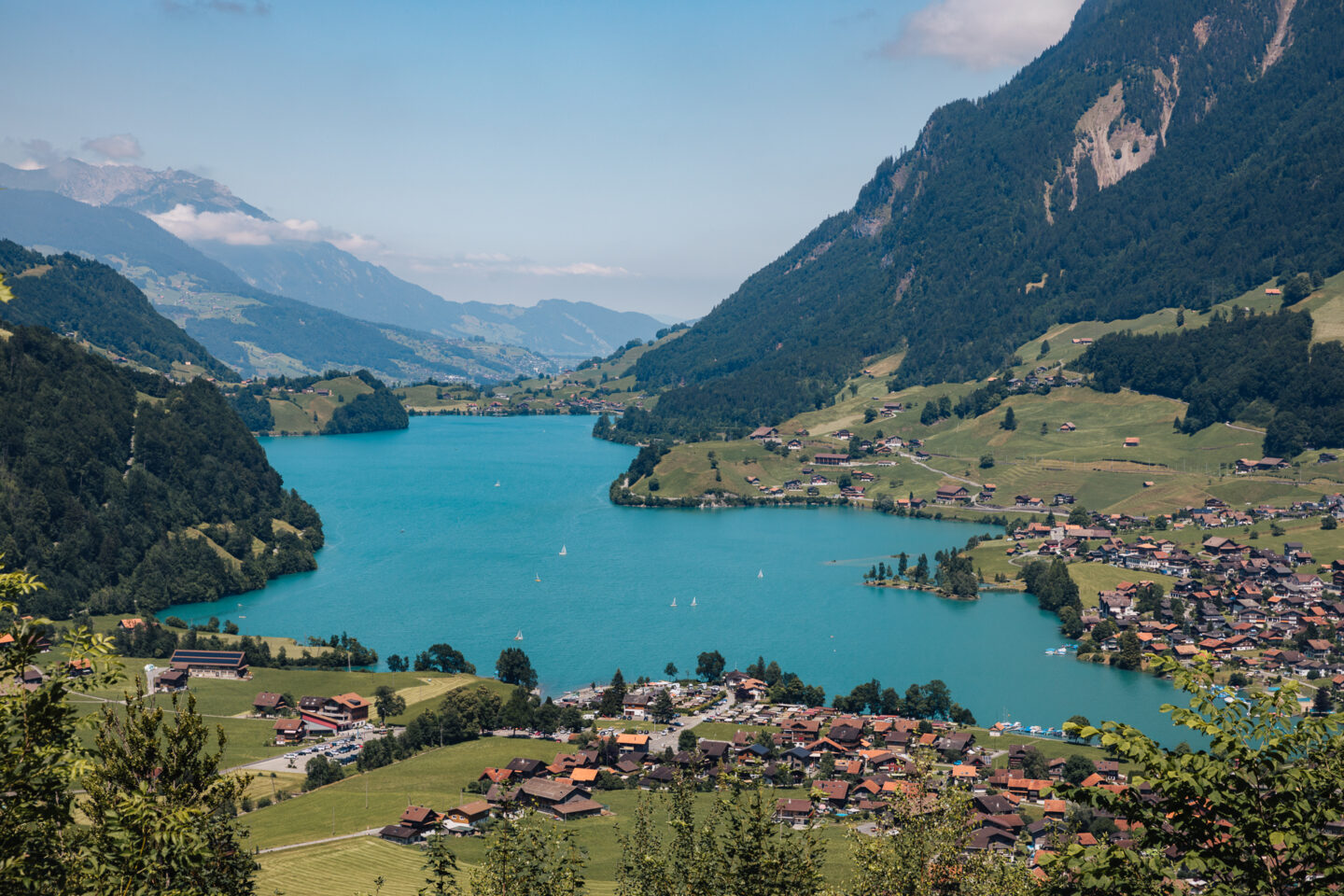 Lake Brienz surrounded by Swiss mountains and villages.